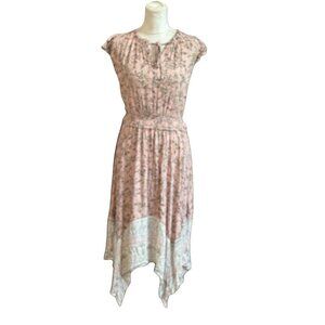 Knox Rose 90s Dress Sz M Fairy Y2K Floral Print Asymmetrical Hem Smocked Waist